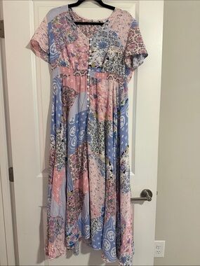 Rusty Pink and Blue Patchwork Maxi Dress